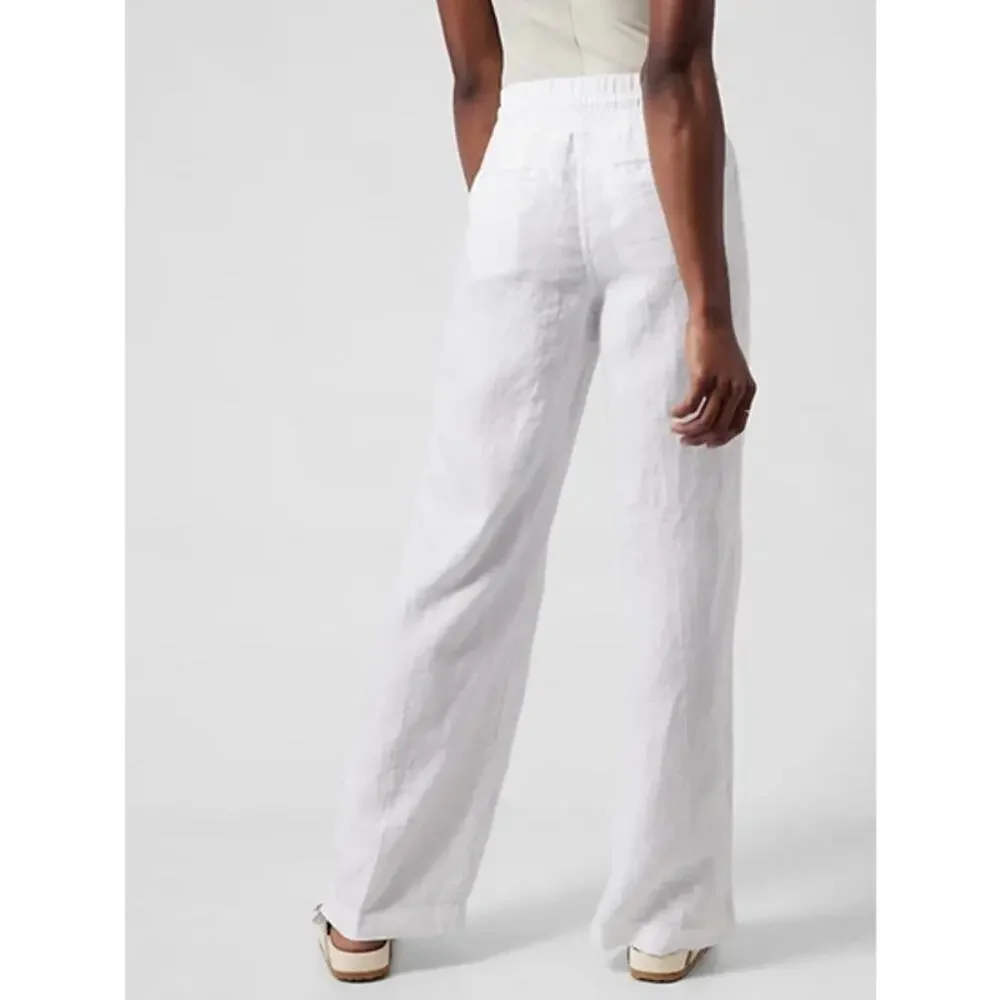 Athleta Cabo Linen Drawcord Waist Wide Leg Pants White 6